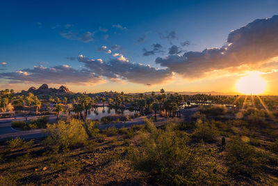 High-angle view of townscape against sky during sunset