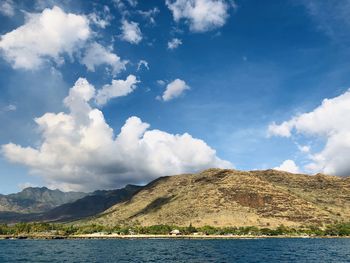 Scenic view of lake by mountains against sky