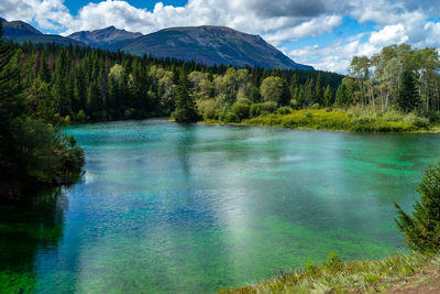 Scenic view of lake and mountains against sky