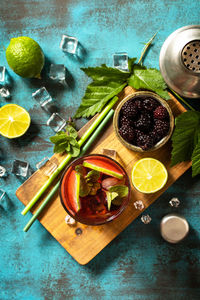 Directly above shot of fruits and vegetables on table