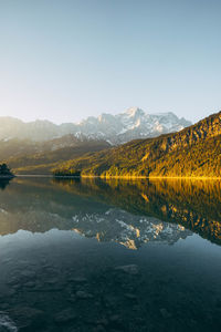 Scenic view of lake and mountains against clear sky