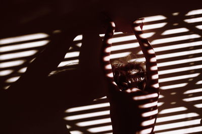 Rear view of shirtless boy standing against wall with shadow