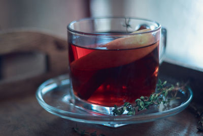 Close-up of tea cup on table