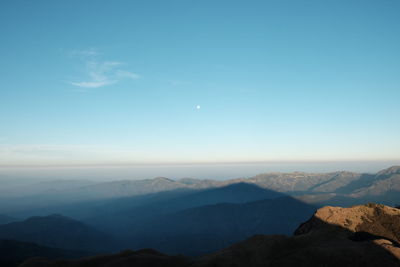 Scenic view of mountains against clear blue sky