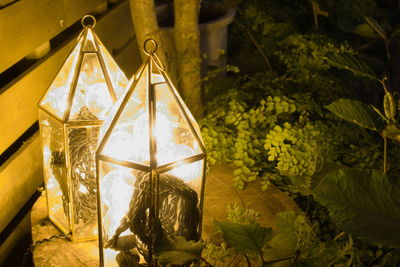 Close-up of illuminated lamp hanging at night