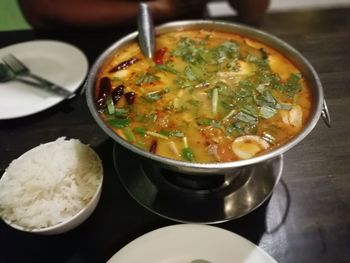 High angle view of food in bowl on table