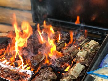 Close-up of bonfire on barbecue grill