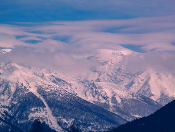 Aerial view of snowcapped mountains against sky