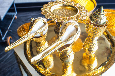 High angle view of coffee served on table