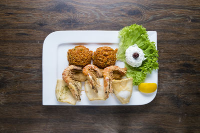 High angle view of food in plate on table