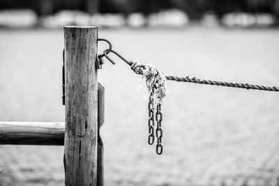 Chain hanging on rope hooked to wooden post against lake