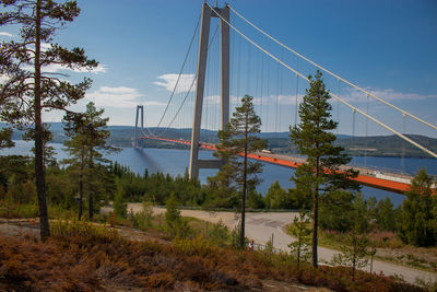 Suspension bridge over river