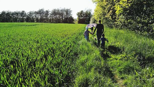 Rear view of father walking with children in field