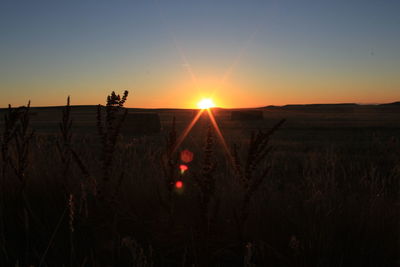 Silhouette landscape against clear sky during sunset