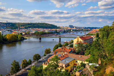 High angle view of townscape by river against sky