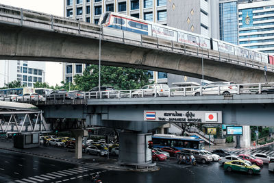 Thai-japanese friendship bridge at silom intersection area with heavy traffic at rush hour