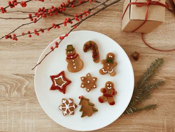 High angle view of cookies on table