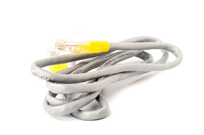 High angle view of headphones on white background