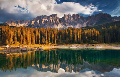 Reflection of trees in lake against sky