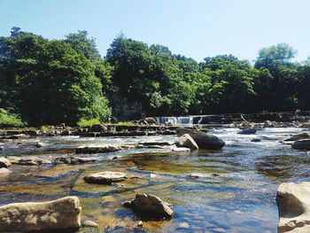 Scenic view of waterfall against clear sky