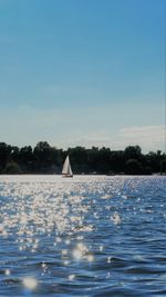 Sailboat sailing in sea against sky