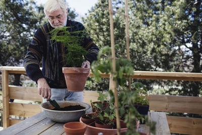 Senior man filling compost in potted plant at table