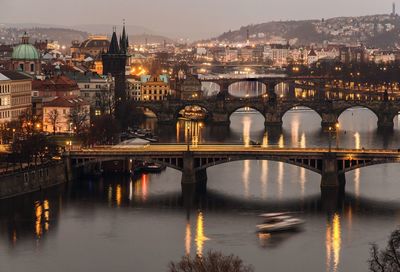 High angle view of charles bridge at dusk