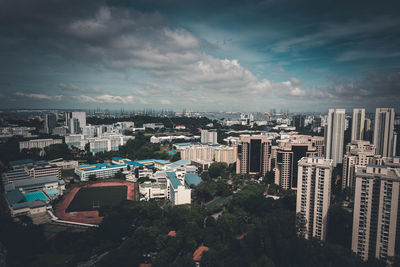 High angle view of cityscape against sky