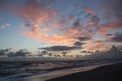 Scenic view of beach against sky during sunset