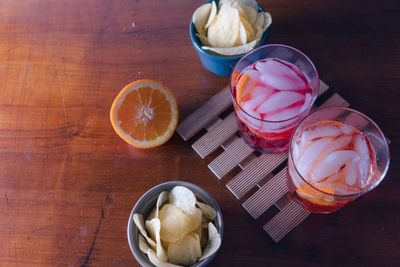 Two spritz with some chips on the table ready for the aperitif