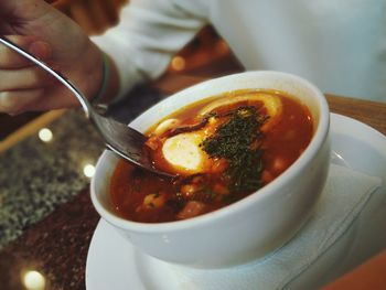 Close-up of soup in bowl on table