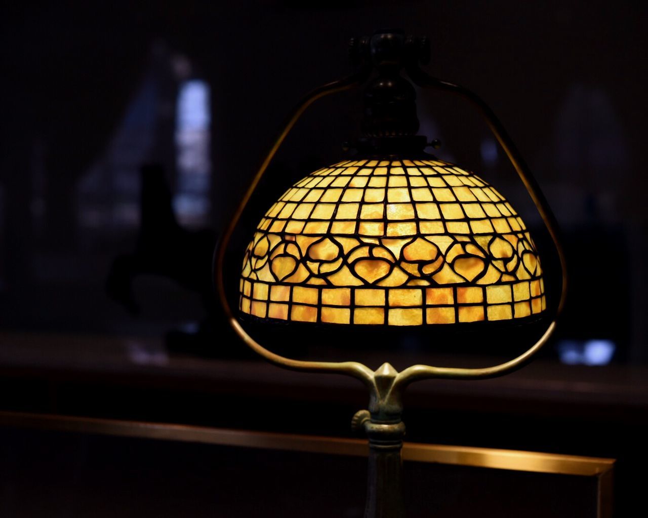 illuminated, indoors, focus on foreground, no people, night, close-up, electricity, lamp shade