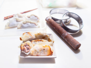 High angle view of food in plate on table