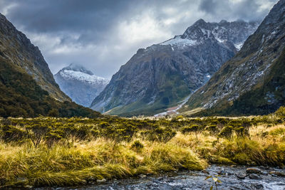 Scenic view of snowcapped mountains against sky