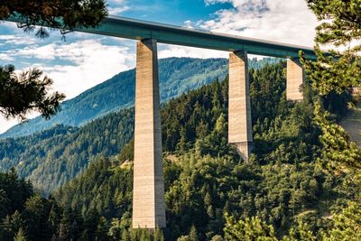 Built structure by trees in forest against sky