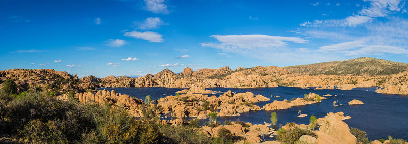 Panoramic shot of plants and rocks against blue sky