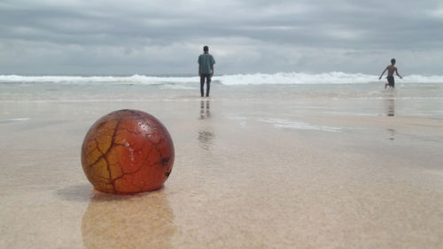 Rear view of man standing on beach against sky