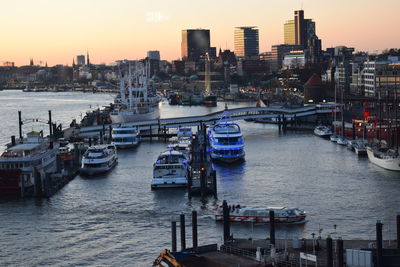 High angle view of boats on river in city