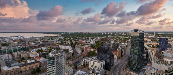 Aerial view of the tallinn business center in the evening. beautiful business district