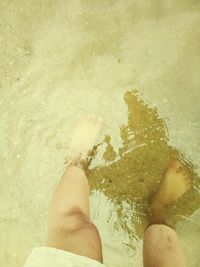 Low section of person on puddle at beach