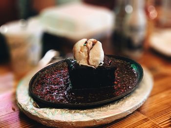 Close-up of cake in plate on table