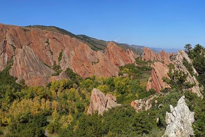 Scenic view of rocky mountains against clear sky