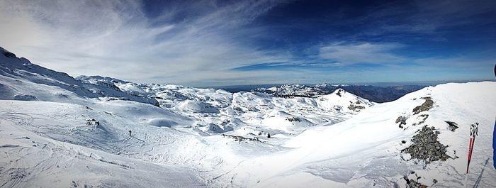 Scenic view of snowcapped mountains against sky