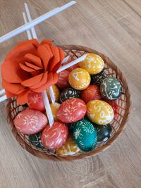 High angle view of multi colored candies on table