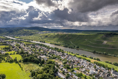 Aerial view of a landscape in rhineland-palatinate on the river moselle with the village brauneberg