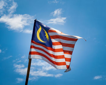 Malaysia flag waving against blue skies.