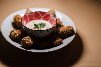 High angle view of dessert in plate on table