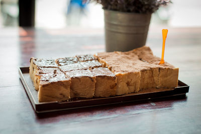 Close-up of cake in plate on table