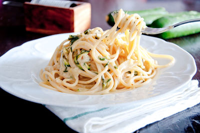 Close-up of noodles served in plate