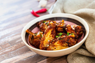 High angle view of food in bowl on table